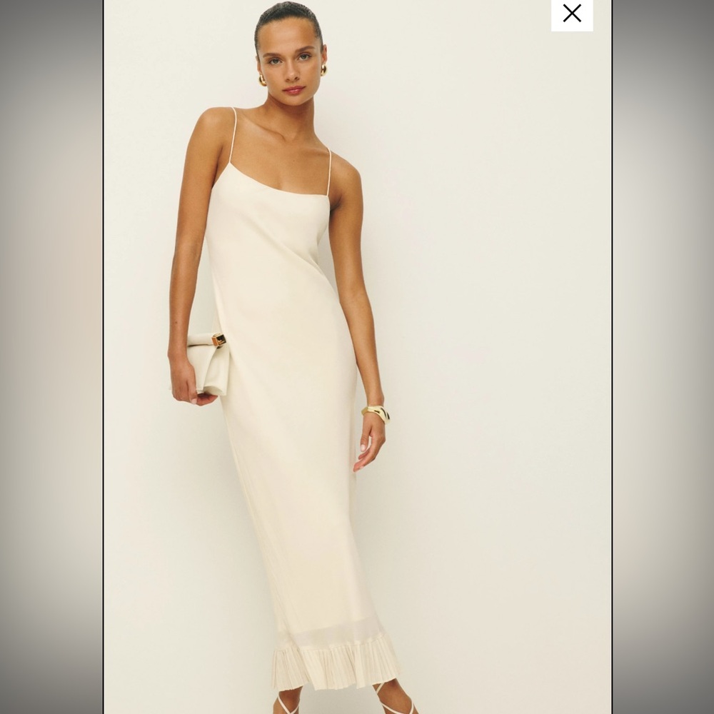 Reformation Cream Slip Midi Dress with Fringe Hem